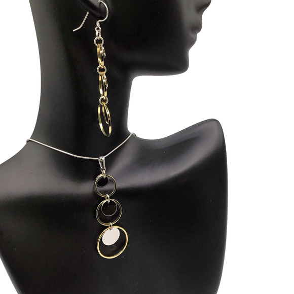 925 Sterling Silver Necklace & Earrings Set Two Tone Circle Pendant Dangle Set - Picture 8 of 13